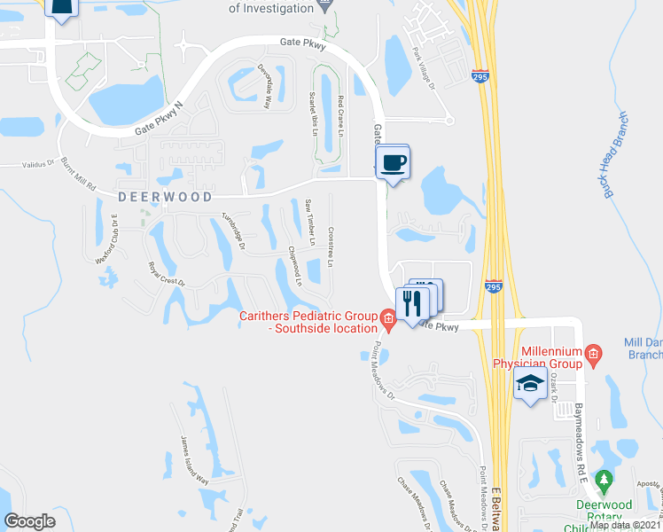 map of restaurants, bars, coffee shops, grocery stores, and more near 7733 Crosstree Lane in Jacksonville