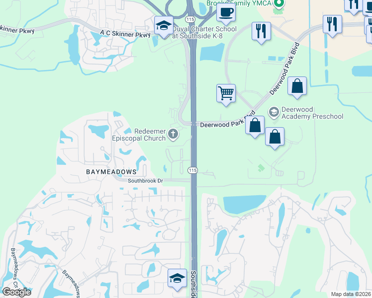 map of restaurants, bars, coffee shops, grocery stores, and more near 7500 Southside Boulevard in Jacksonville