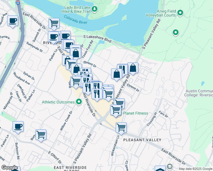 map of restaurants, bars, coffee shops, grocery stores, and more near 2423 Town Lake Circle in Austin