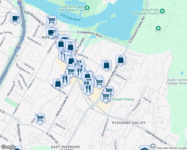 map of restaurants, bars, coffee shops, grocery stores, and more near 2409 Town Lake Circle in Austin