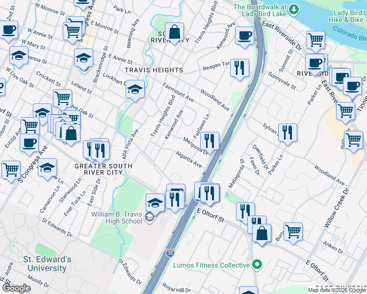 map of restaurants, bars, coffee shops, grocery stores, and more near 1119 Mariposa Drive in Austin