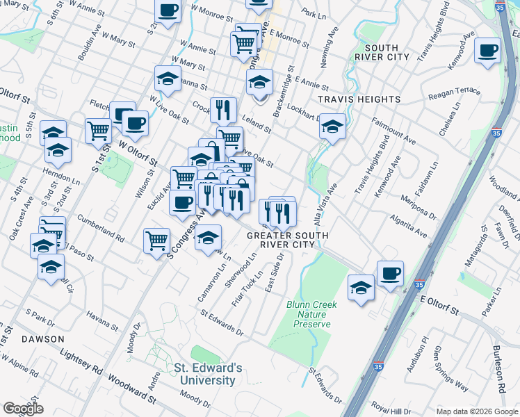 map of restaurants, bars, coffee shops, grocery stores, and more near 502 Sunrise Circle in Austin