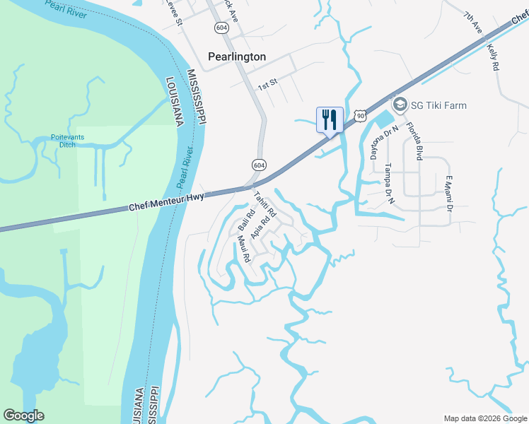 map of restaurants, bars, coffee shops, grocery stores, and more near 16017 Bali Rd in Pearlington