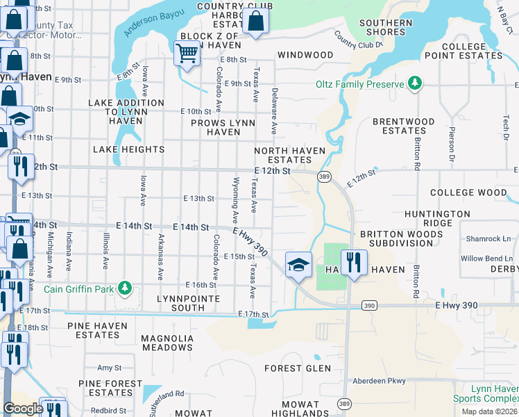 map of restaurants, bars, coffee shops, grocery stores, and more near 1305 Texas Avenue in Lynn Haven