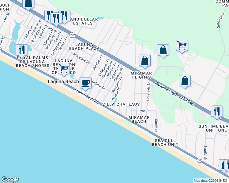 map of restaurants, bars, coffee shops, grocery stores, and more near 206 Palmetto Place in Panama City Beach