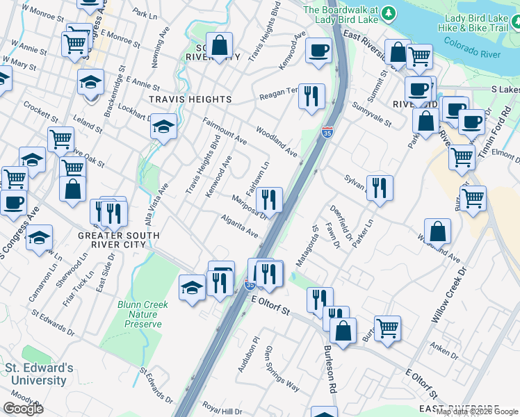 map of restaurants, bars, coffee shops, grocery stores, and more near 1304 Mariposa Drive in Austin