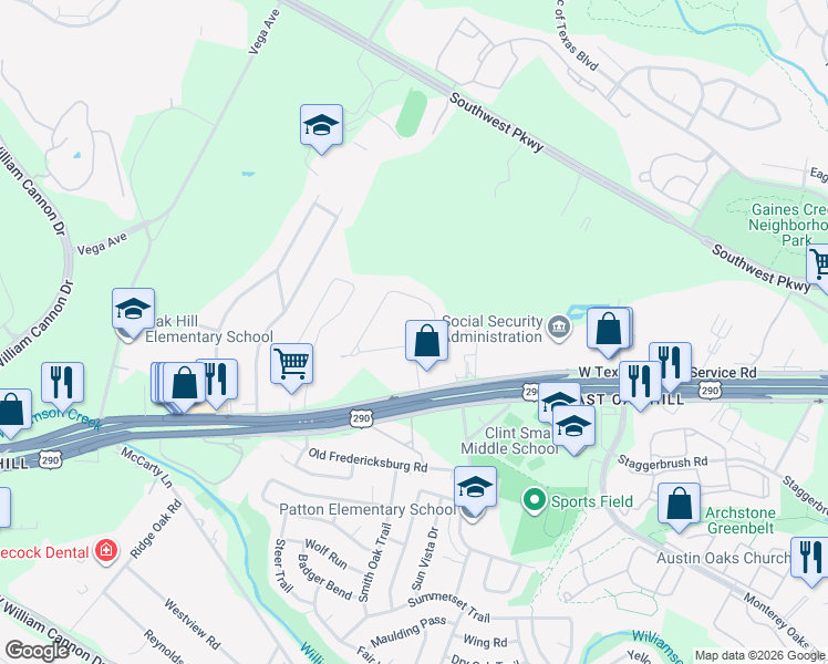 map of restaurants, bars, coffee shops, grocery stores, and more near 5669 Oak Boulevard in Austin