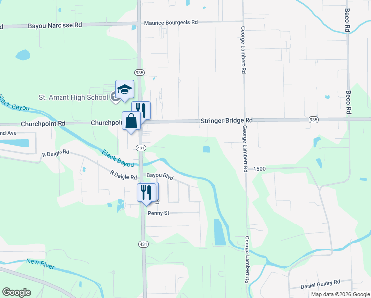 map of restaurants, bars, coffee shops, grocery stores, and more near 44119 Stringer Bridge Rd in Ascension
