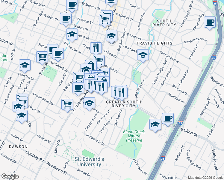 map of restaurants, bars, coffee shops, grocery stores, and more near 502 Sunrise Circle in Austin
