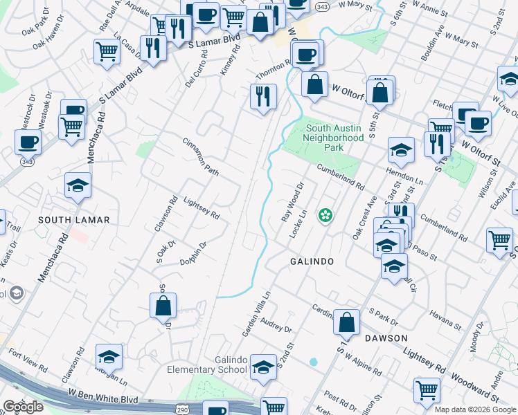 map of restaurants, bars, coffee shops, grocery stores, and more near 3011 Corbin Lane in Austin