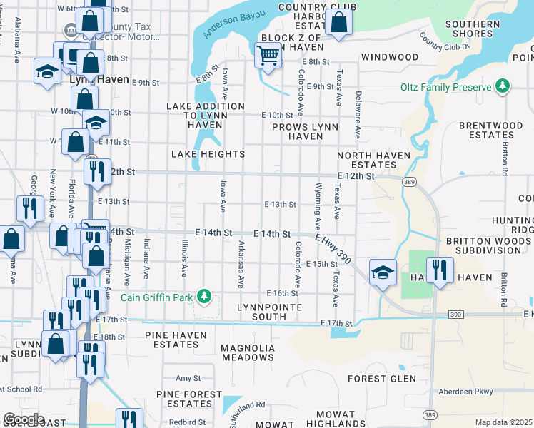 map of restaurants, bars, coffee shops, grocery stores, and more near 1305 Louisiana Avenue in Lynn Haven