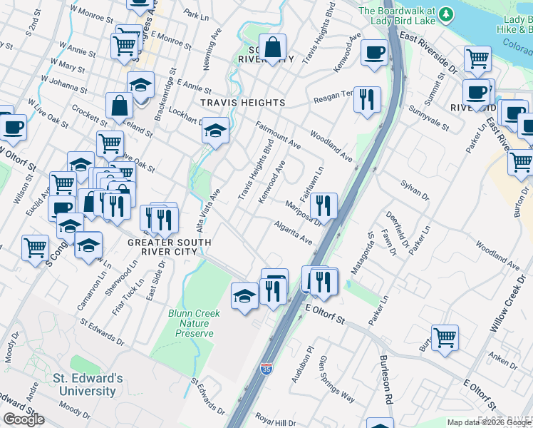 map of restaurants, bars, coffee shops, grocery stores, and more near 1106 Algarita Avenue in Austin