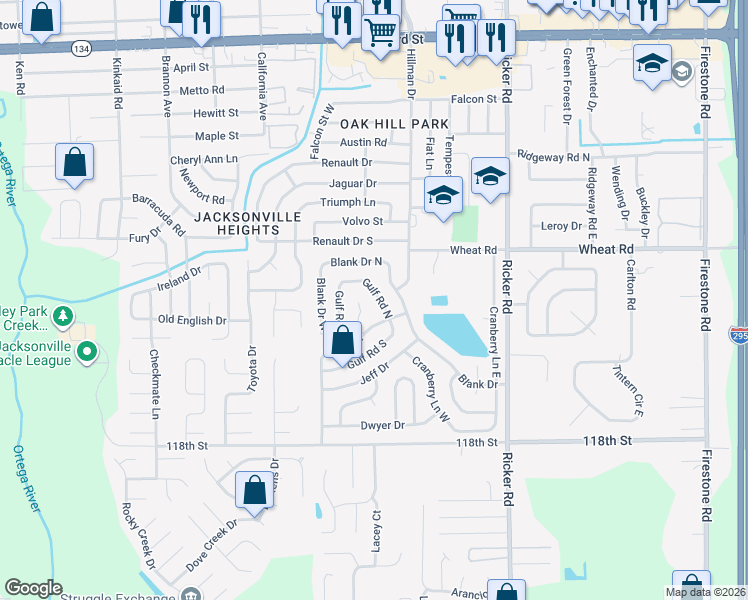 map of restaurants, bars, coffee shops, grocery stores, and more near 6062 Gulf Road South in Jacksonville
