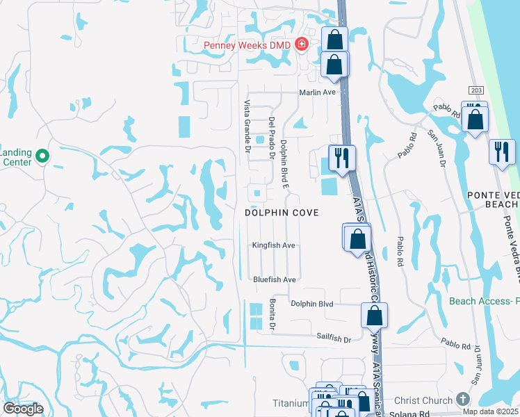map of restaurants, bars, coffee shops, grocery stores, and more near 16 Ponte Vedra Court in Ponte Vedra Beach