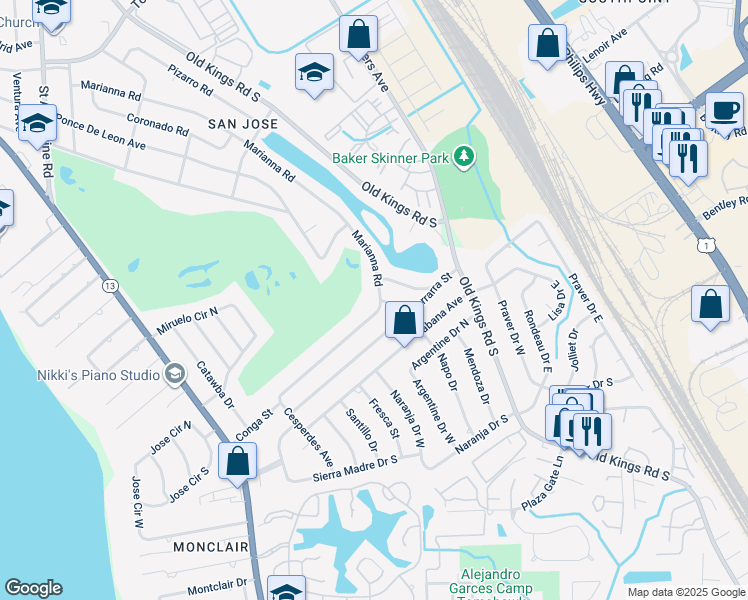 map of restaurants, bars, coffee shops, grocery stores, and more near 4079 Conga Street in Jacksonville