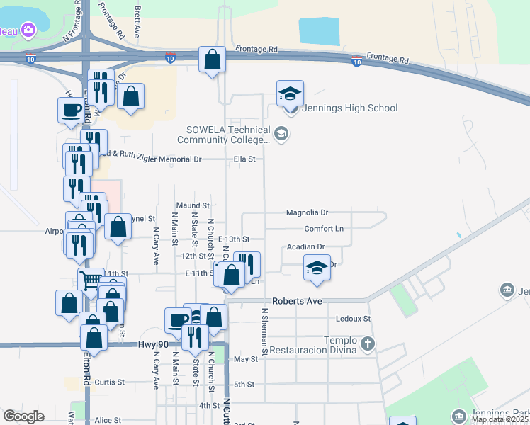 map of restaurants, bars, coffee shops, grocery stores, and more near 2310 North Sherman Street in Jennings