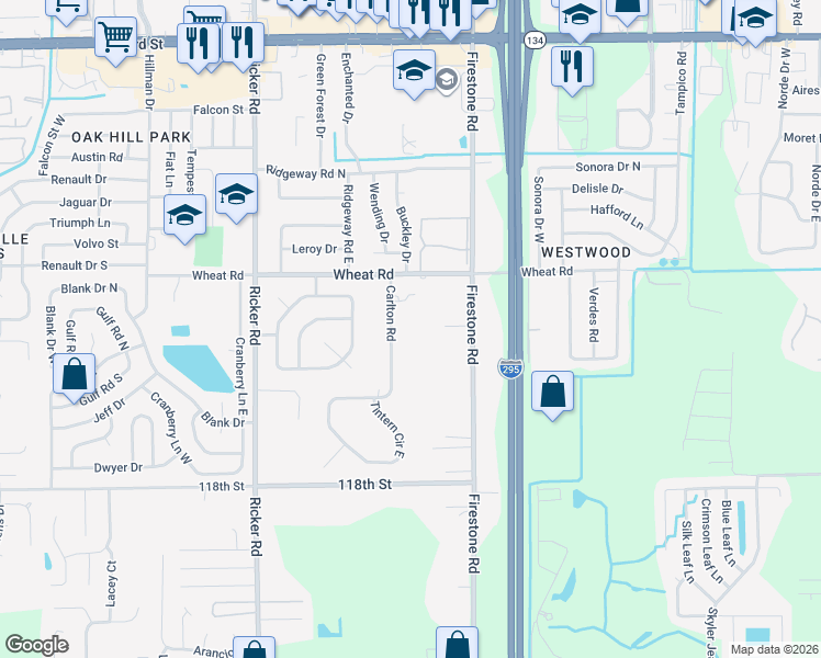 map of restaurants, bars, coffee shops, grocery stores, and more near 6135 Carlton Road in Jacksonville