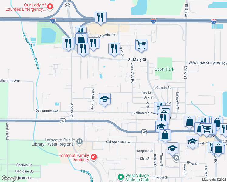 map of restaurants, bars, coffee shops, grocery stores, and more near 734 Maude Drive in Scott