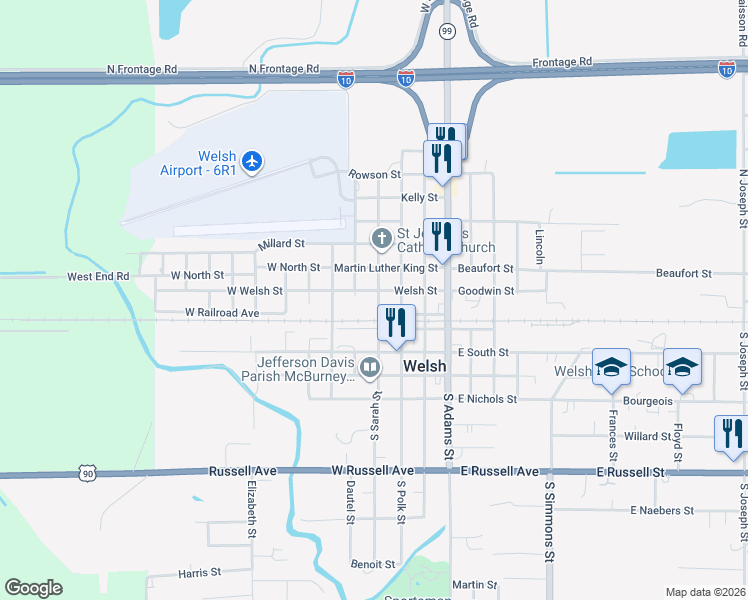 map of restaurants, bars, coffee shops, grocery stores, and more near 101 North Sarah Street in Welsh