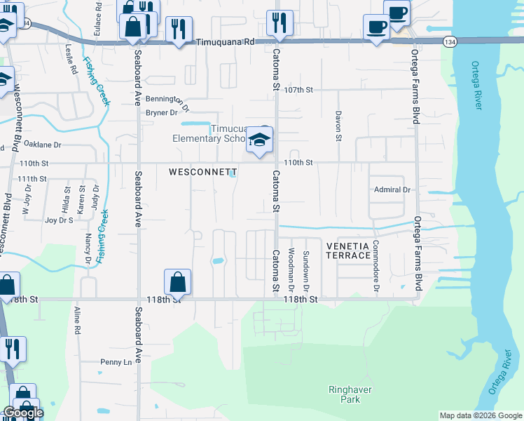 map of restaurants, bars, coffee shops, grocery stores, and more near 6138 Catoma Street in Jacksonville