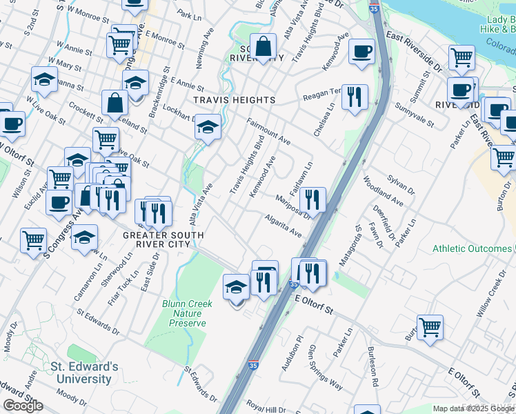 map of restaurants, bars, coffee shops, grocery stores, and more near 1106 Algarita Avenue in Austin
