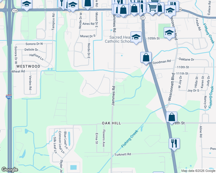 map of restaurants, bars, coffee shops, grocery stores, and more near 6076 Scenic Meadow Lane in Jacksonville