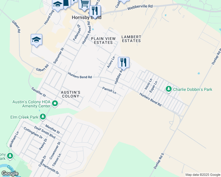 map of restaurants, bars, coffee shops, grocery stores, and more near 15110 Parrish Lane in Austin