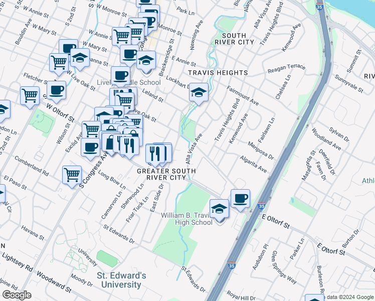 map of restaurants, bars, coffee shops, grocery stores, and more near 704 Wickford Circle in Austin