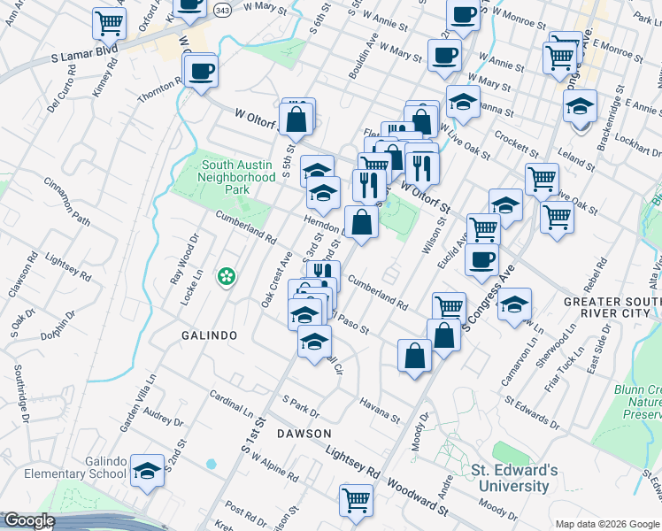 map of restaurants, bars, coffee shops, grocery stores, and more near 602 Cumberland Road in Austin