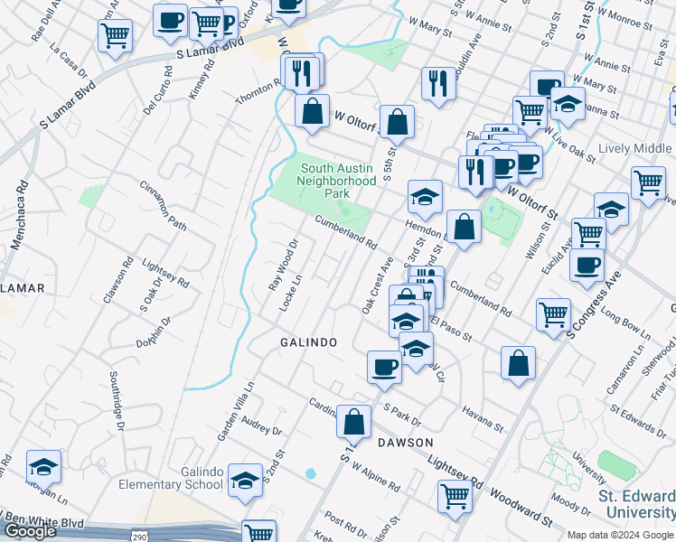 map of restaurants, bars, coffee shops, grocery stores, and more near 2732 Treble Lane in Austin