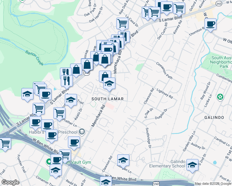 map of restaurants, bars, coffee shops, grocery stores, and more near 3506 Larchmont Cove in Austin