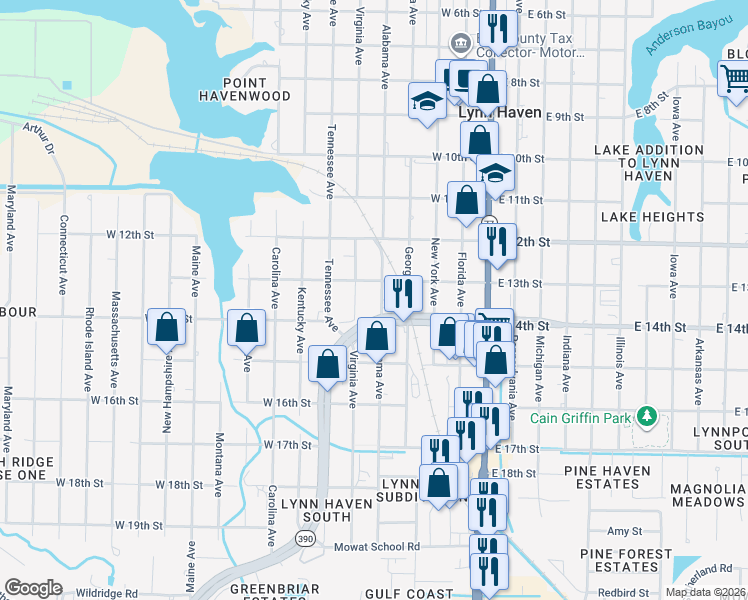 map of restaurants, bars, coffee shops, grocery stores, and more near 1404 Georgia Avenue in Lynn Haven