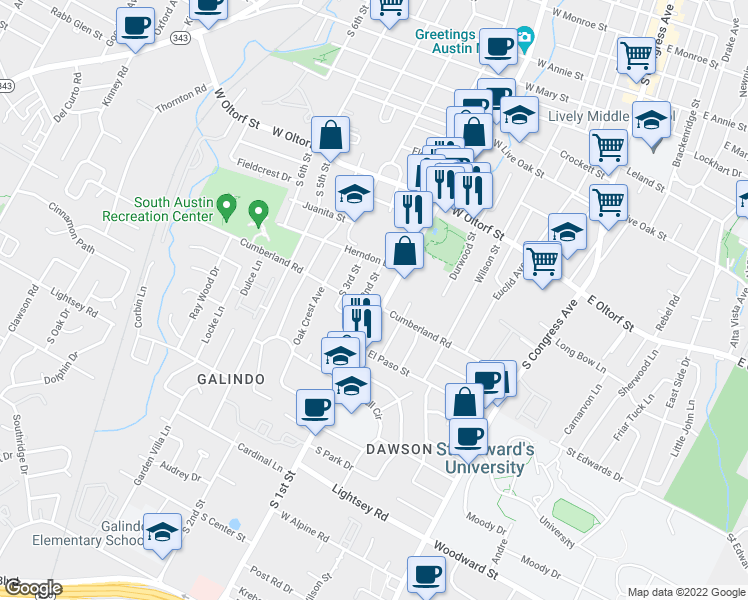 map of restaurants, bars, coffee shops, grocery stores, and more near 602 Cumberland Road in Austin