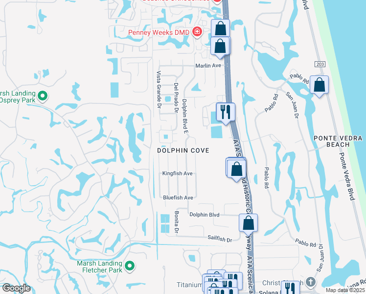 map of restaurants, bars, coffee shops, grocery stores, and more near 71 Dolphin Boulevard East in Ponte Vedra Beach