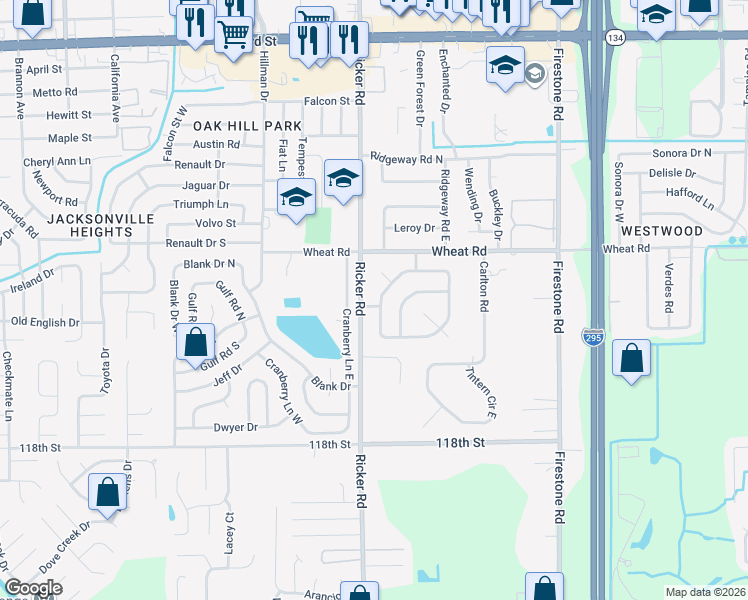 map of restaurants, bars, coffee shops, grocery stores, and more near 6140 Deepwood Drive West in Jacksonville