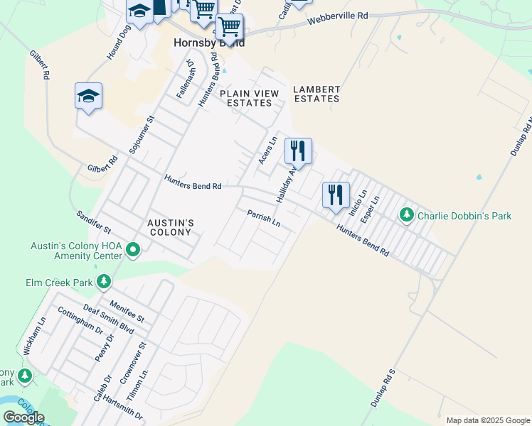map of restaurants, bars, coffee shops, grocery stores, and more near 15110 Parrish Lane in Austin