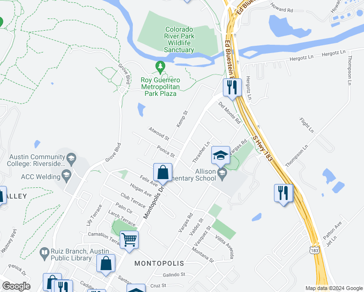 map of restaurants, bars, coffee shops, grocery stores, and more near 608 Montopolis Drive in Austin
