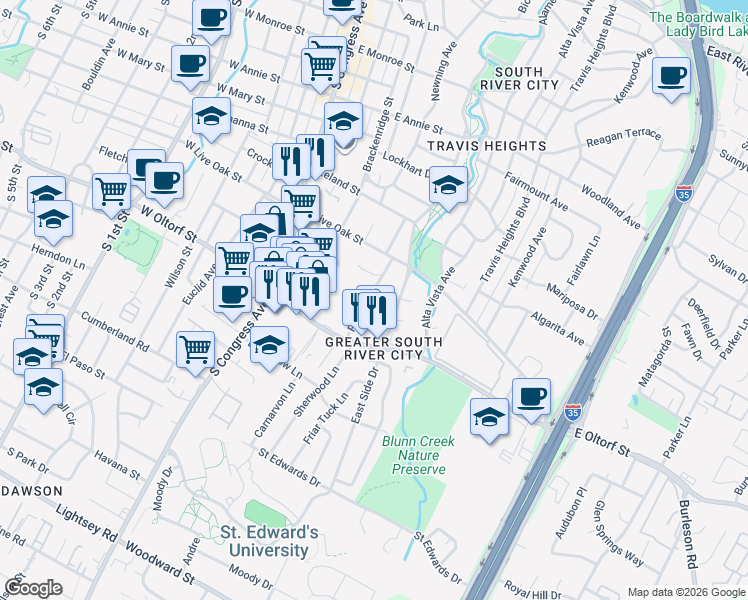 map of restaurants, bars, coffee shops, grocery stores, and more near 2217 Rebel Road in Austin