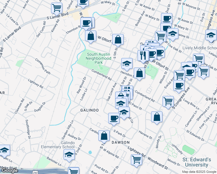 map of restaurants, bars, coffee shops, grocery stores, and more near 2801 South 4th Street in Austin