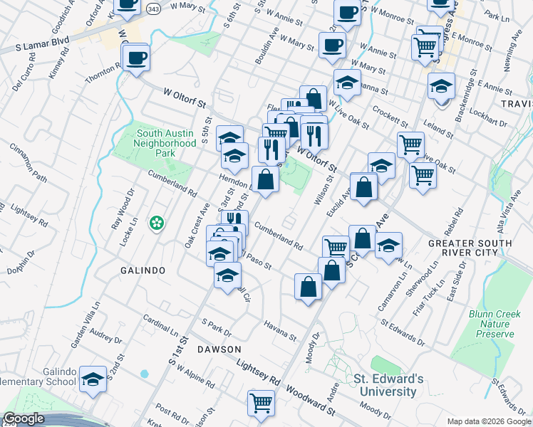 map of restaurants, bars, coffee shops, grocery stores, and more near 2610 Stacy Lane in Austin