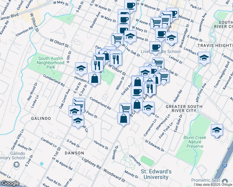 map of restaurants, bars, coffee shops, grocery stores, and more near 2507 Wilson Street in Austin