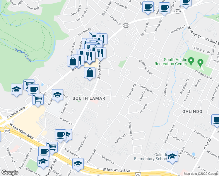 map of restaurants, bars, coffee shops, grocery stores, and more near 3400 Winfield Drive in Austin
