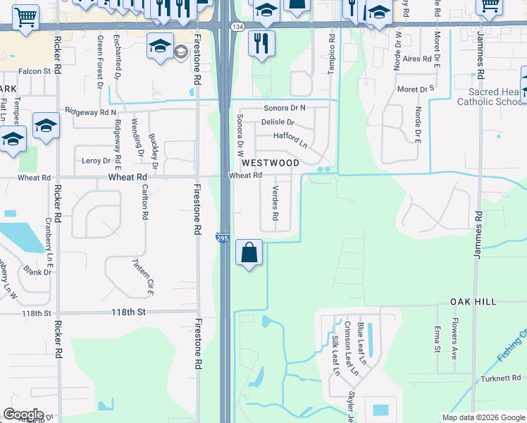 map of restaurants, bars, coffee shops, grocery stores, and more near 6121 George Wood Lane West in Jacksonville