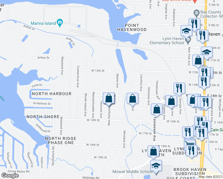 map of restaurants, bars, coffee shops, grocery stores, and more near 1307 New Hampshire Avenue in Lynn Haven