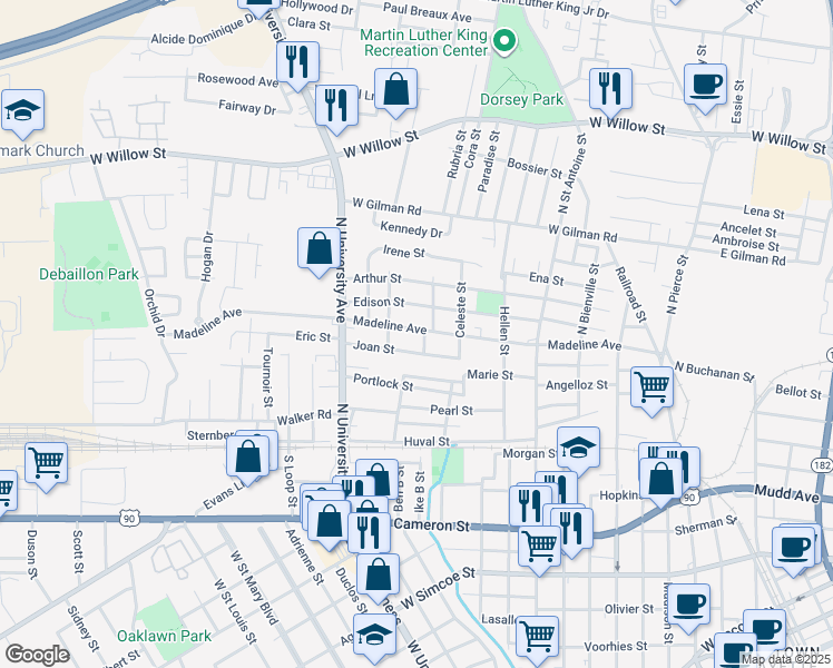 map of restaurants, bars, coffee shops, grocery stores, and more near 707 Madeline Avenue in Lafayette