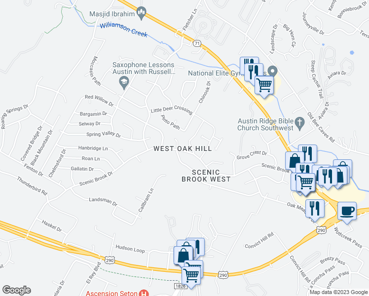 map of restaurants, bars, coffee shops, grocery stores, and more near 7208 Scenic Brook Drive in Austin