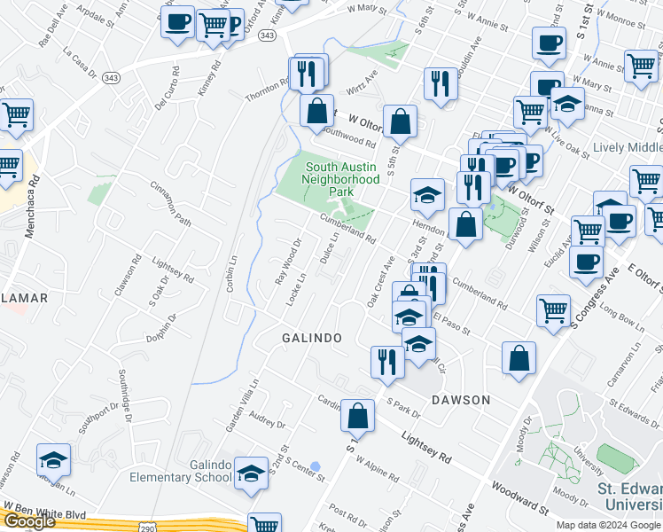 map of restaurants, bars, coffee shops, grocery stores, and more near 2733 Dulce Lane in Austin
