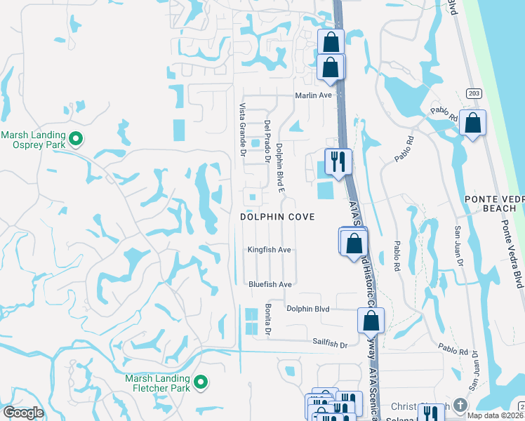 map of restaurants, bars, coffee shops, grocery stores, and more near 16 Ponte Vedra Court in Ponte Vedra Beach