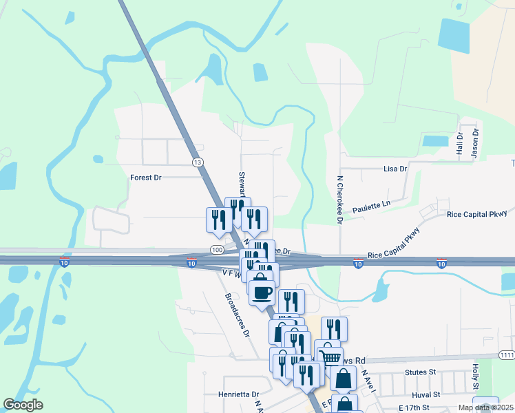map of restaurants, bars, coffee shops, grocery stores, and more near 144 Stewartville Road in Crowley