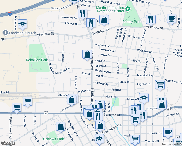 map of restaurants, bars, coffee shops, grocery stores, and more near 703 North University Avenue in Lafayette